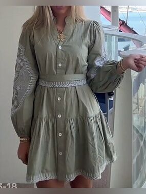 7 For All Mankind Olive Green Embroidered Long-Sleeve Button Dress